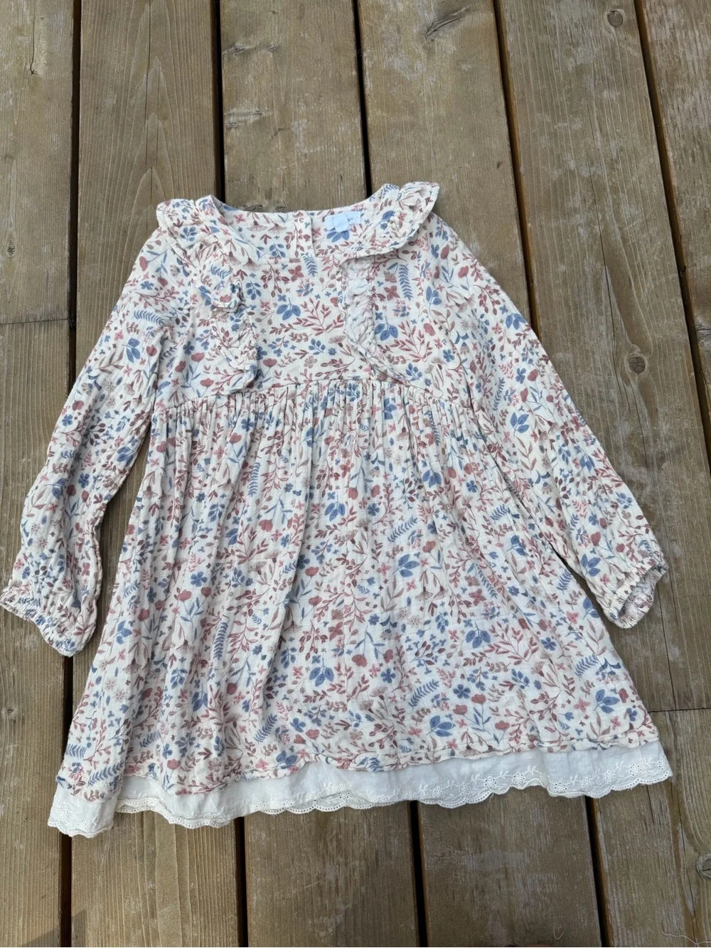 Angel Dear Lace Trimmed White Dress with Blue & Pink Floral Print